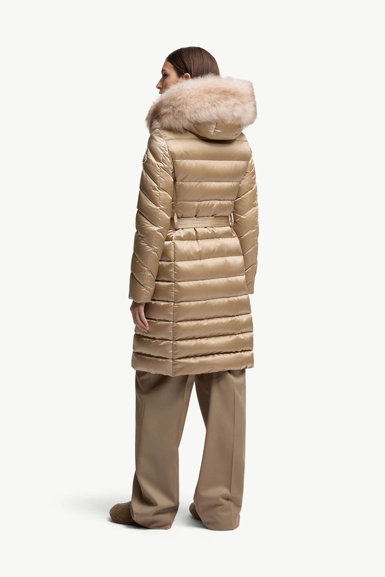 Leersie連帽羔羊毛飾邊長身羽絨外套 女士 米色 Moncler 4