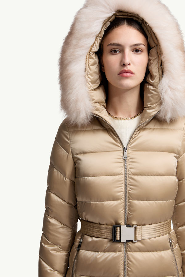 Leersie Hooded Shearling-Trimmed Long Down Jacket Women Beige Moncler 5