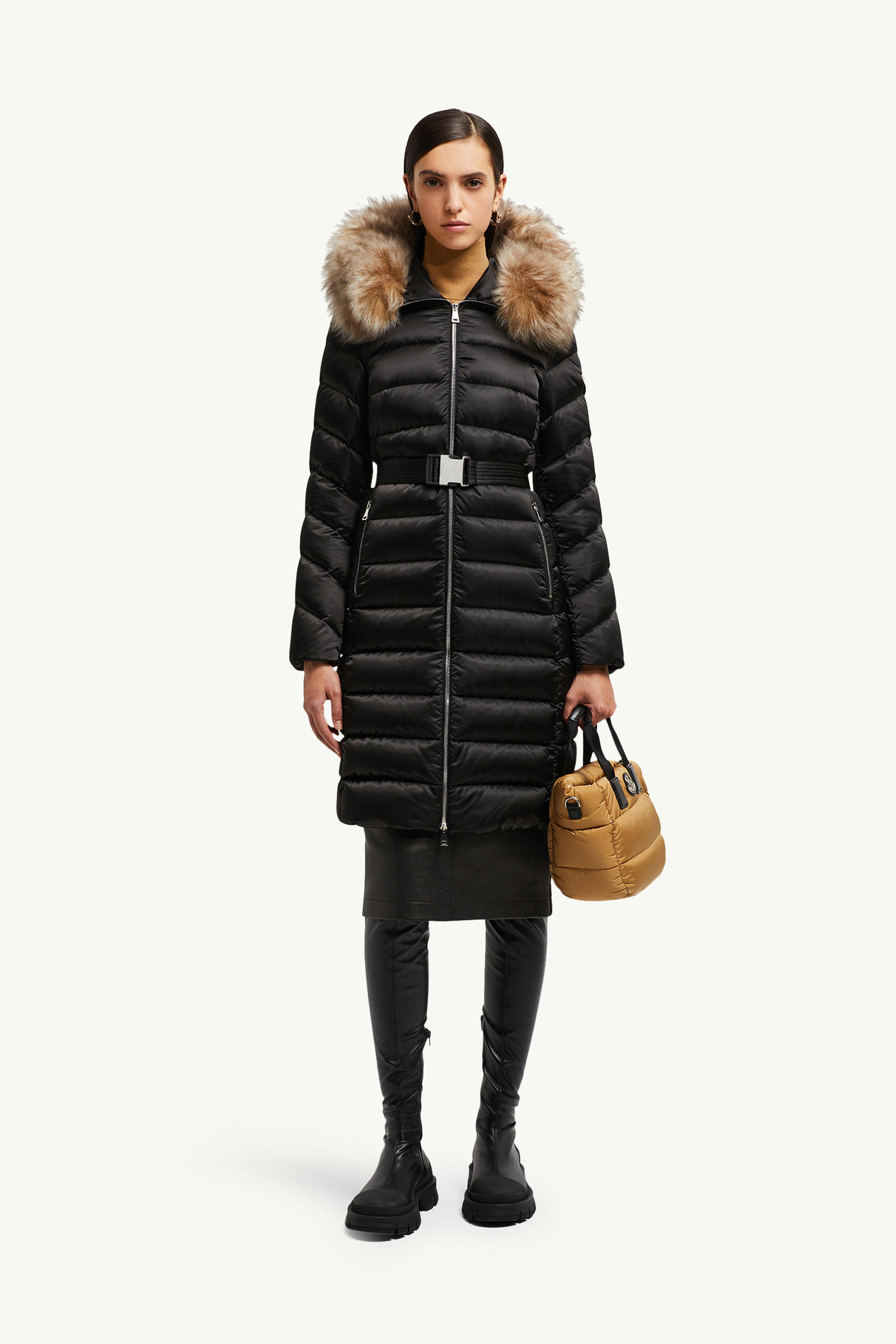Leersie Hooded Shearling-Trimmed Long Down Jacket Women Black & Beige Moncler 0