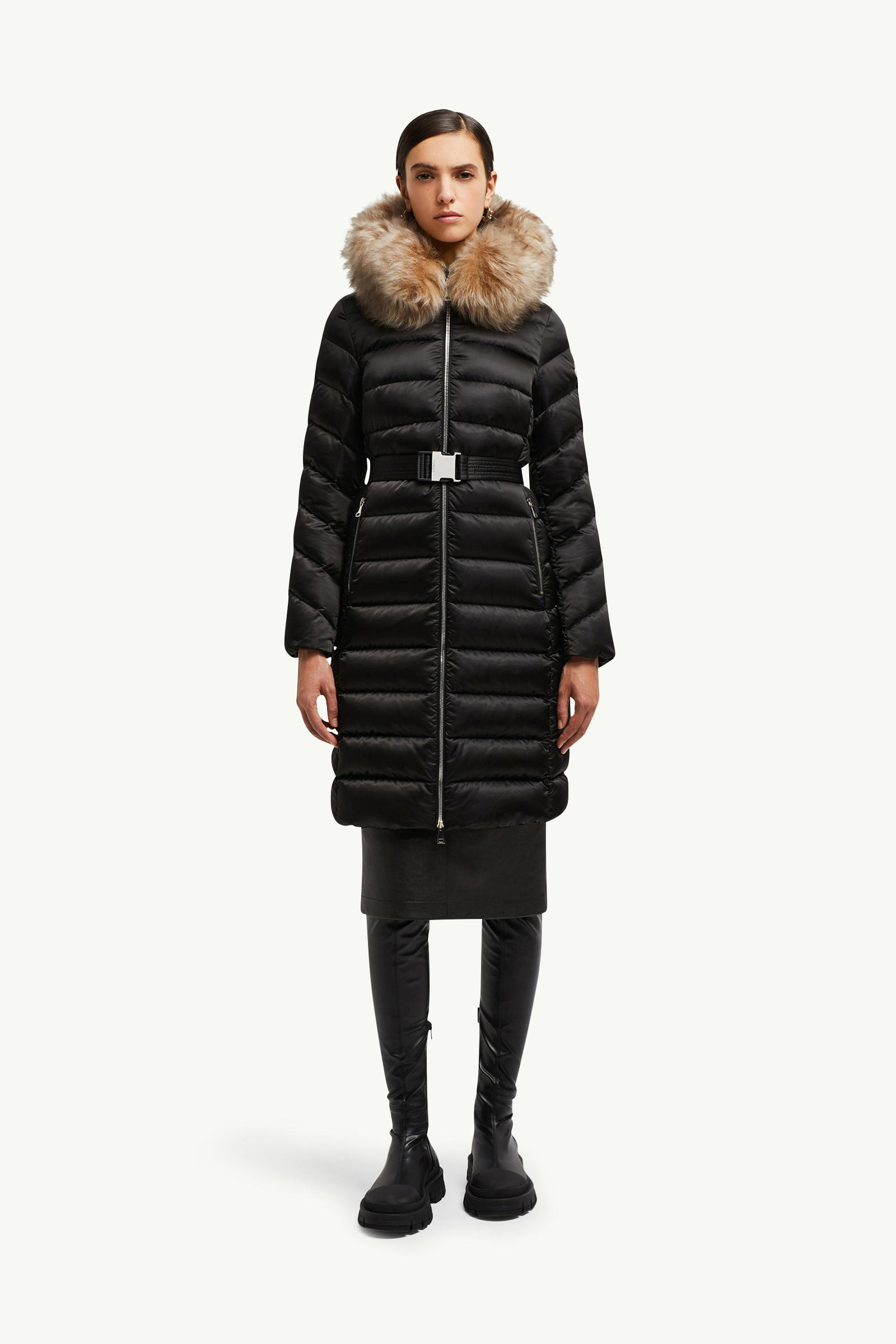 Leersie Hooded Shearling-Trimmed Long Down Jacket Women Black & Beige Moncler 3