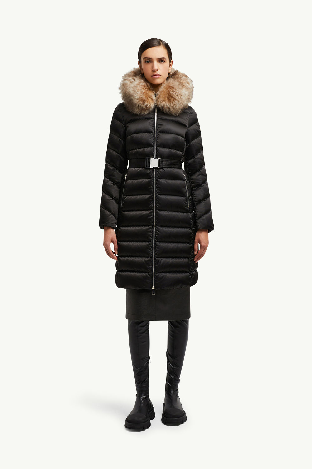 Leersie lange Daunenjacke mit Kapuze und Shearling-Besatz Damen Schwarz & Beige Moncler 3