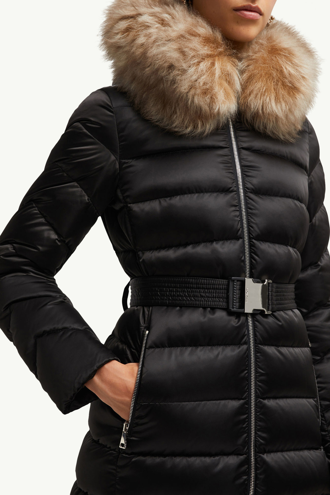 Leersie lange Daunenjacke mit Kapuze und Shearling-Besatz Damen Schwarz & Beige Moncler 5