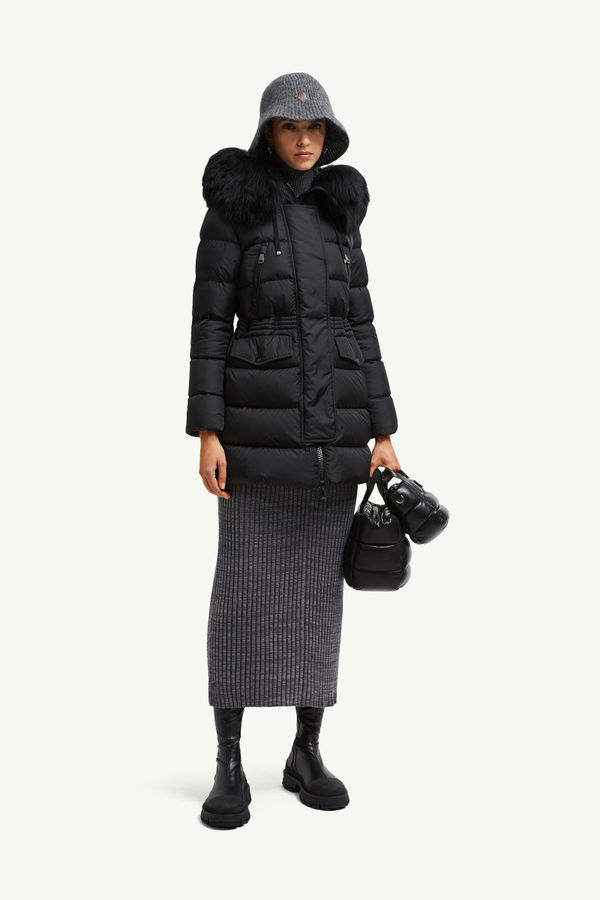 Aphroti Hooded Shearling-Trimmed Long Down Jacket Women Black Moncler 0