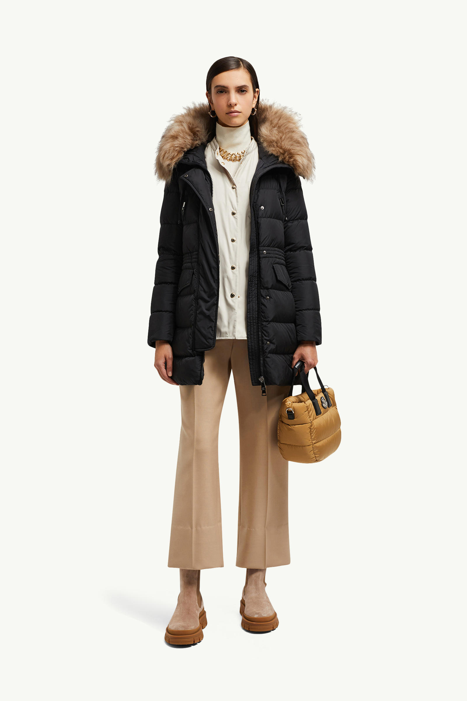 Aphroti lange Daunenjacke mit Kapuze und Shearling-Besatz Damen Schwarz & Beige Moncler 0
