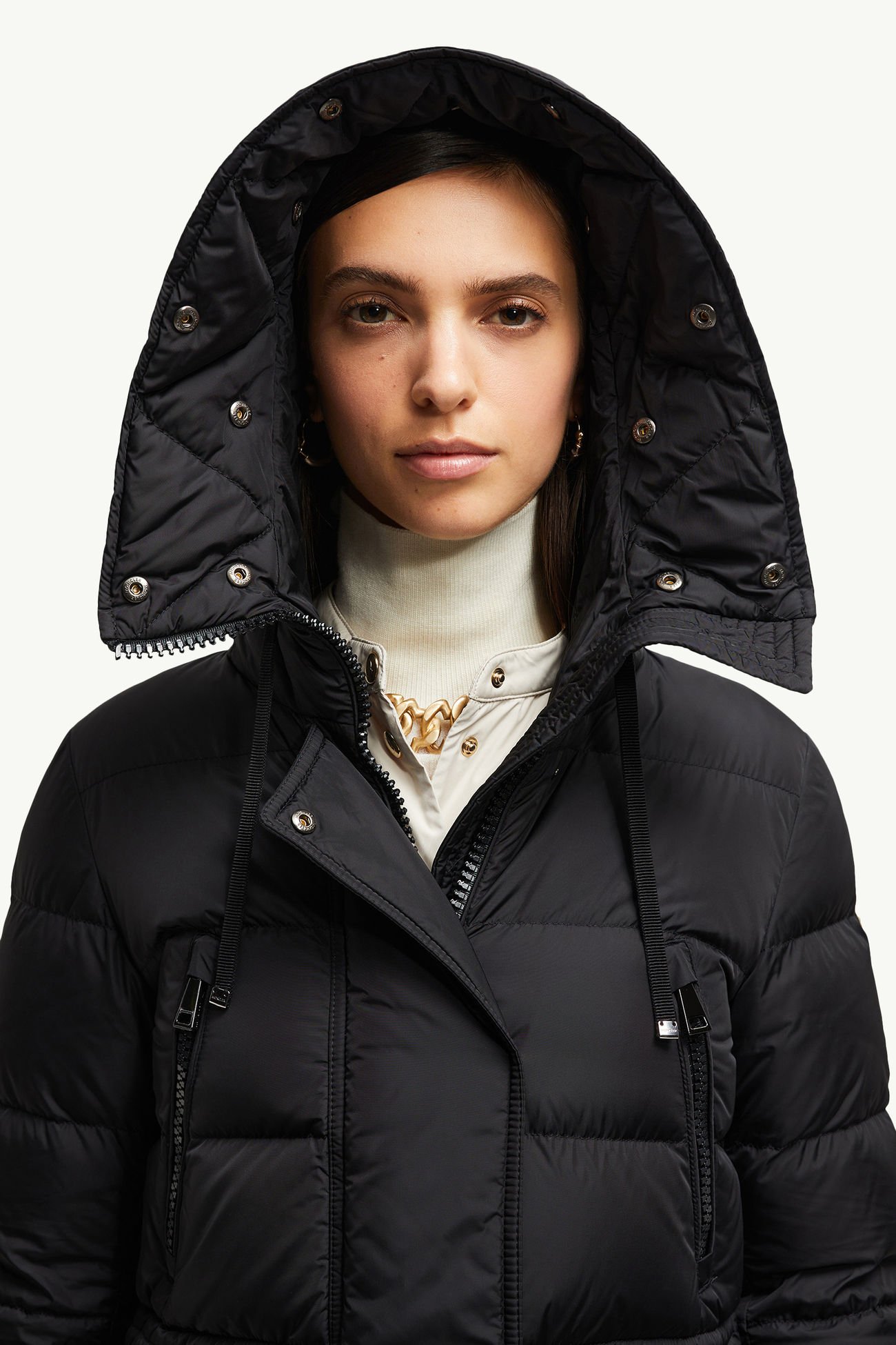 Aphroti連帽羔羊毛飾邊長身羽絨外套 女士 黑色和米色 Moncler 1