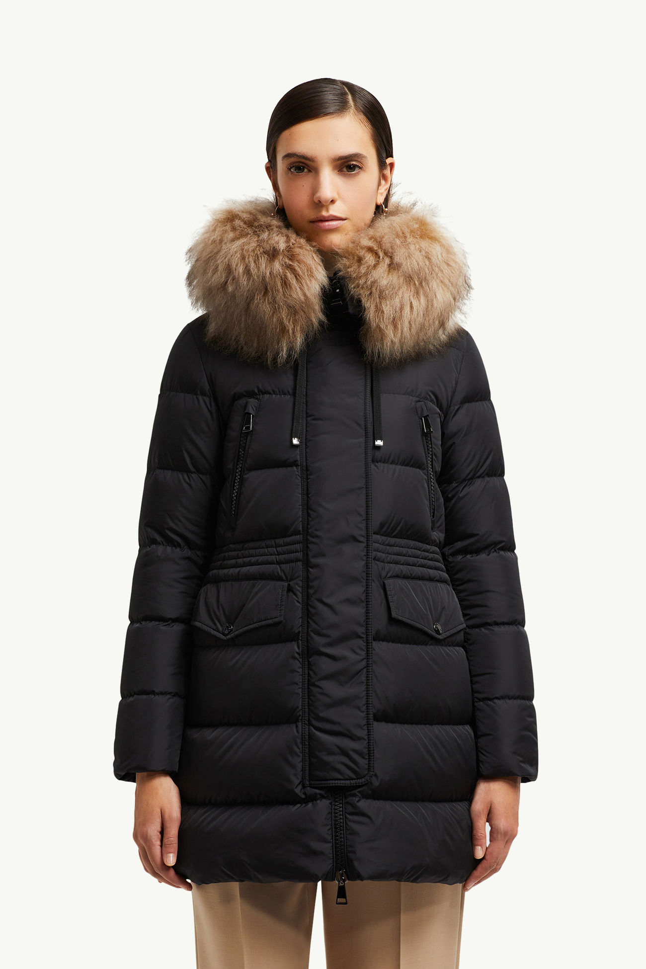 Aphroti連帽羔羊毛飾邊長身羽絨外套 女士 黑色和米色 Moncler 3