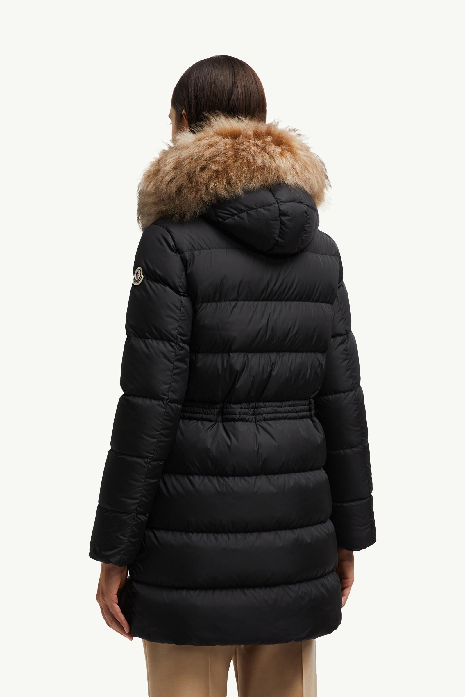 Black & Beige Aphroti Hooded Shearling-Trimmed Long Down Jacket