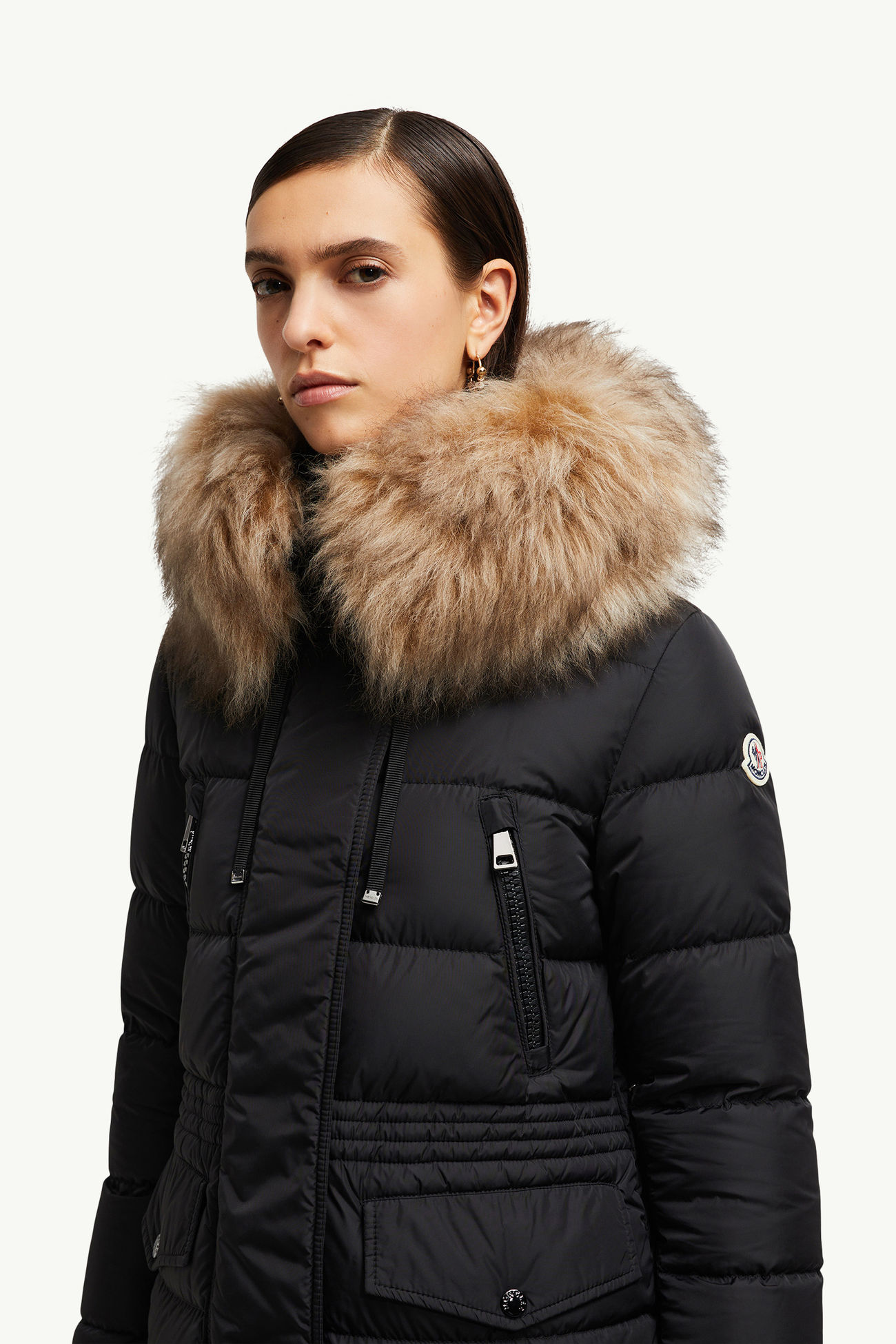 Aphroti連帽羔羊毛飾邊長身羽絨外套 女士 黑色和米色 Moncler 6