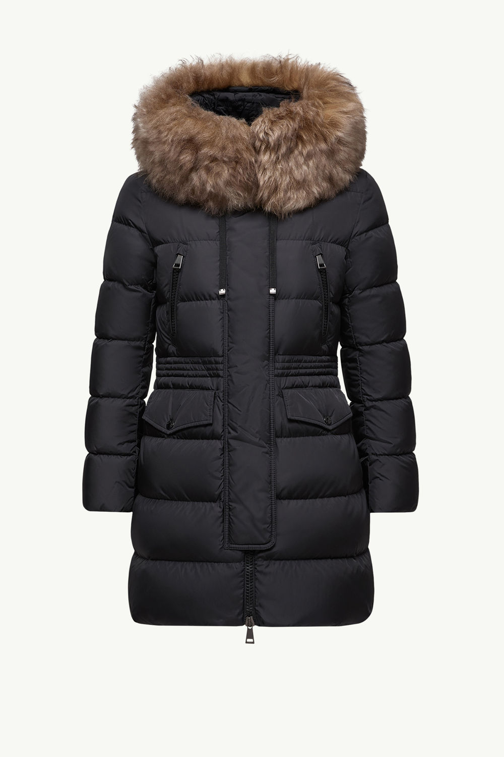 Plumífero largo con capucha y ribete de lana de oveja joven Aphroti Mujer Negro & Beige Moncler 2