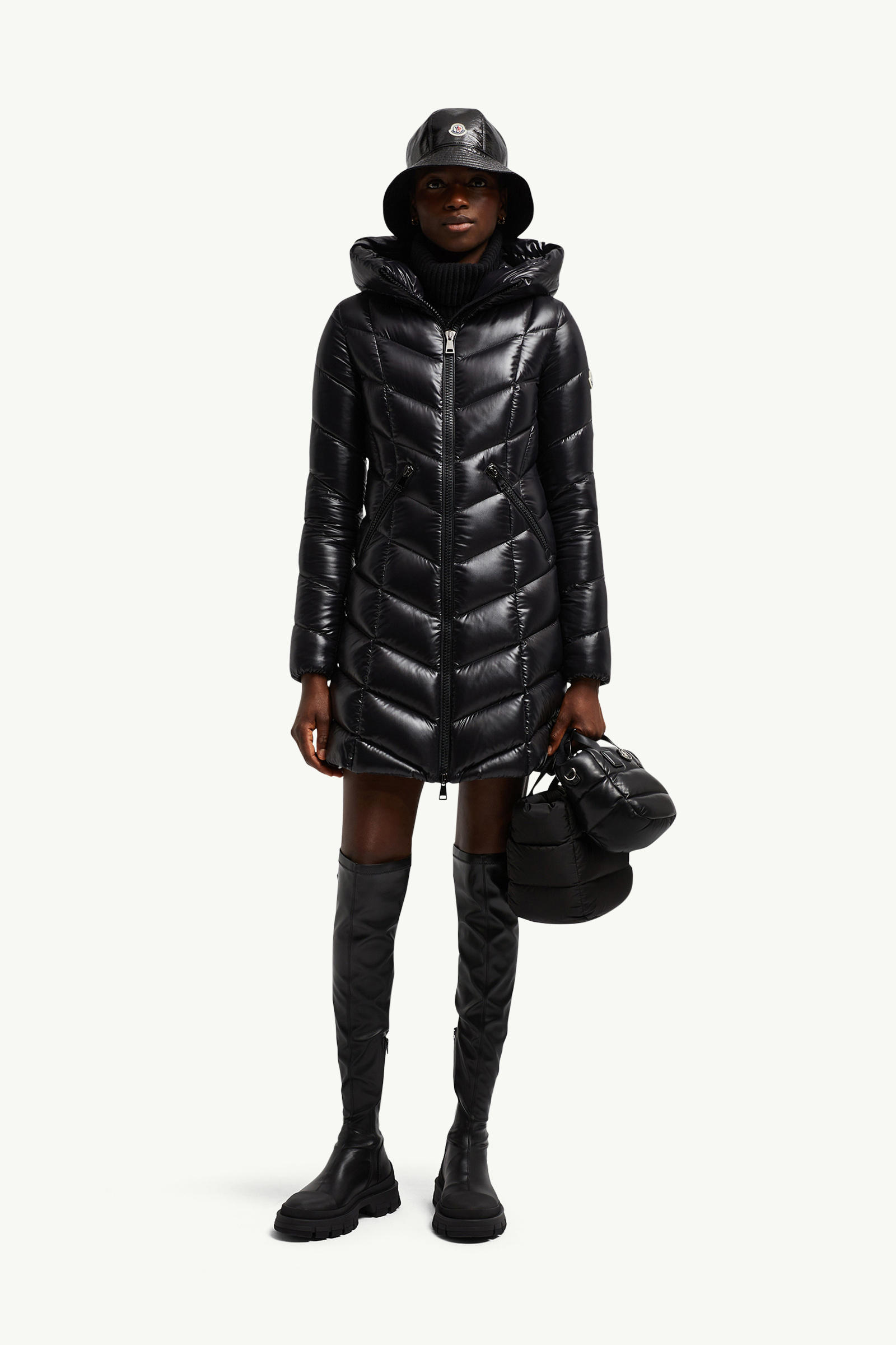 Marus Hooded Geometric-Quilted Long Down Jacket Women Black Moncler 0