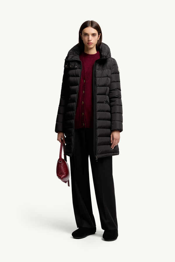 Flammette Hooded Long Down Jacket Women Black Moncler 0