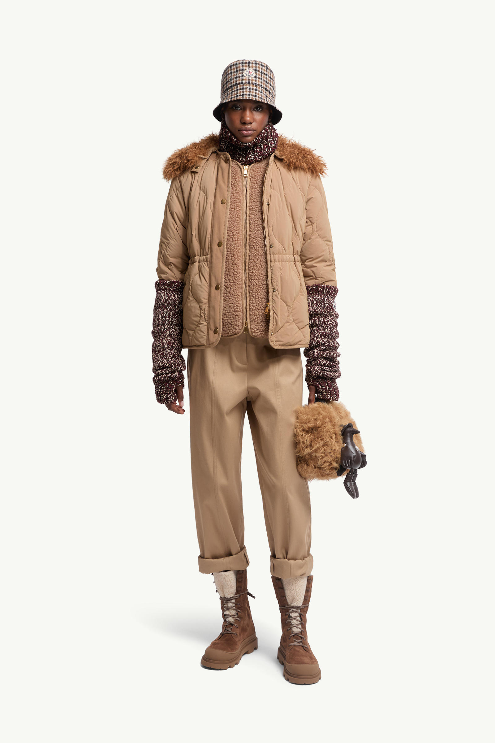 Pantaloni a gamba dritta in gabardine di cotone Donna Beige Moncler 0