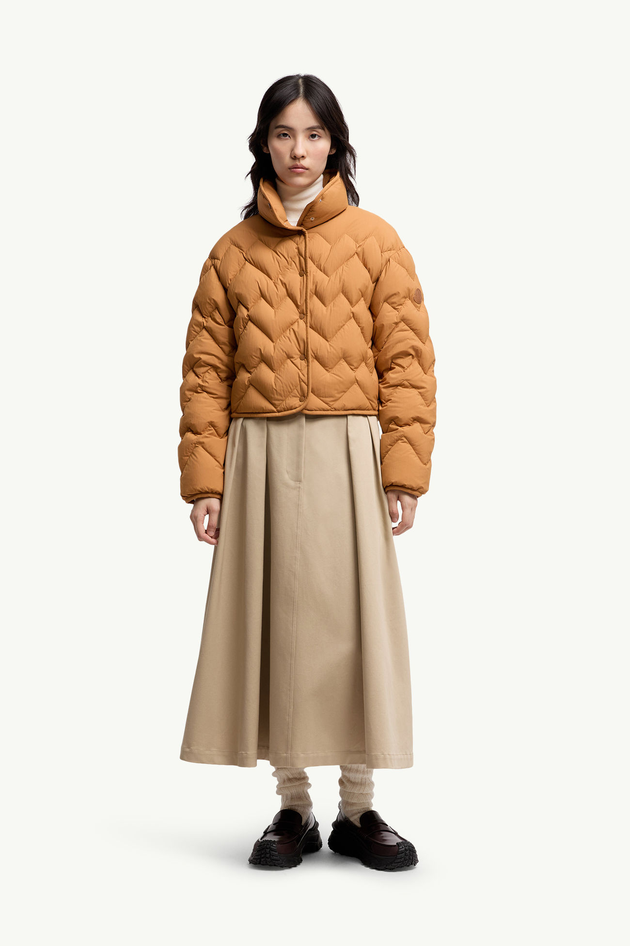 Jupe midi en gabardine de coton avec étiquette logo Femmes Beige Moncler 0