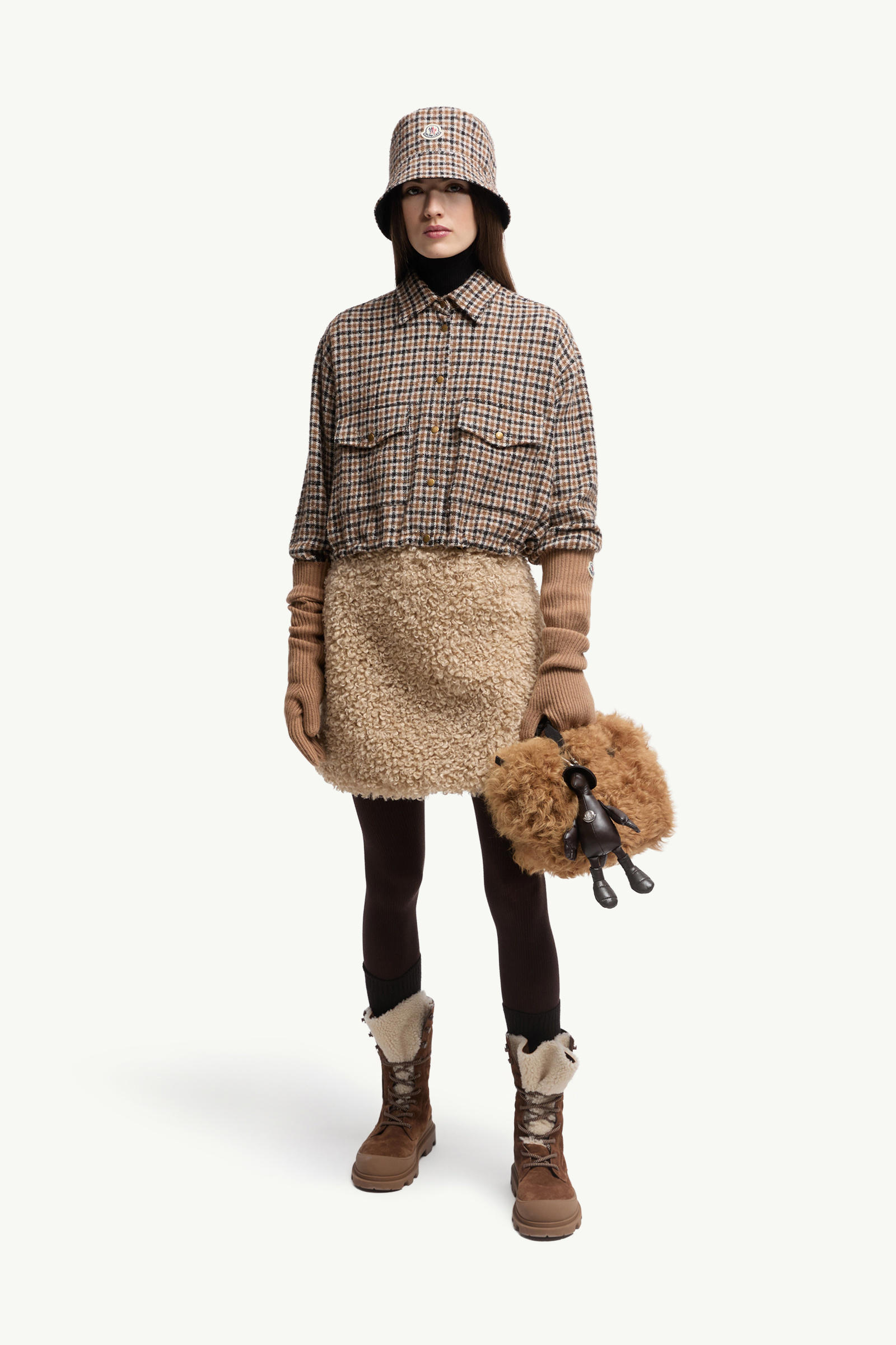 Check Wool Blend Long Sleeve Shirt Women Brown & Black Moncler 0