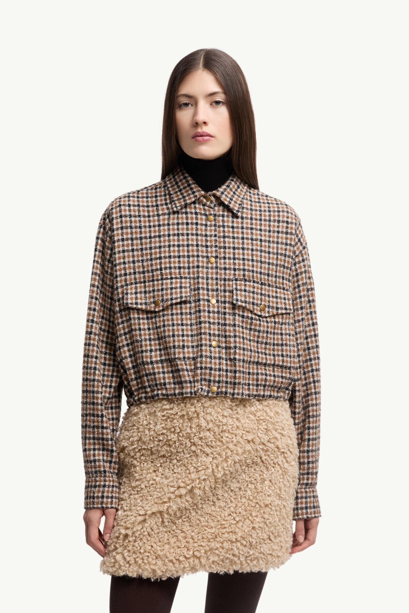 Check Wool Blend Long Sleeve Shirt Women Brown & Black Moncler 3