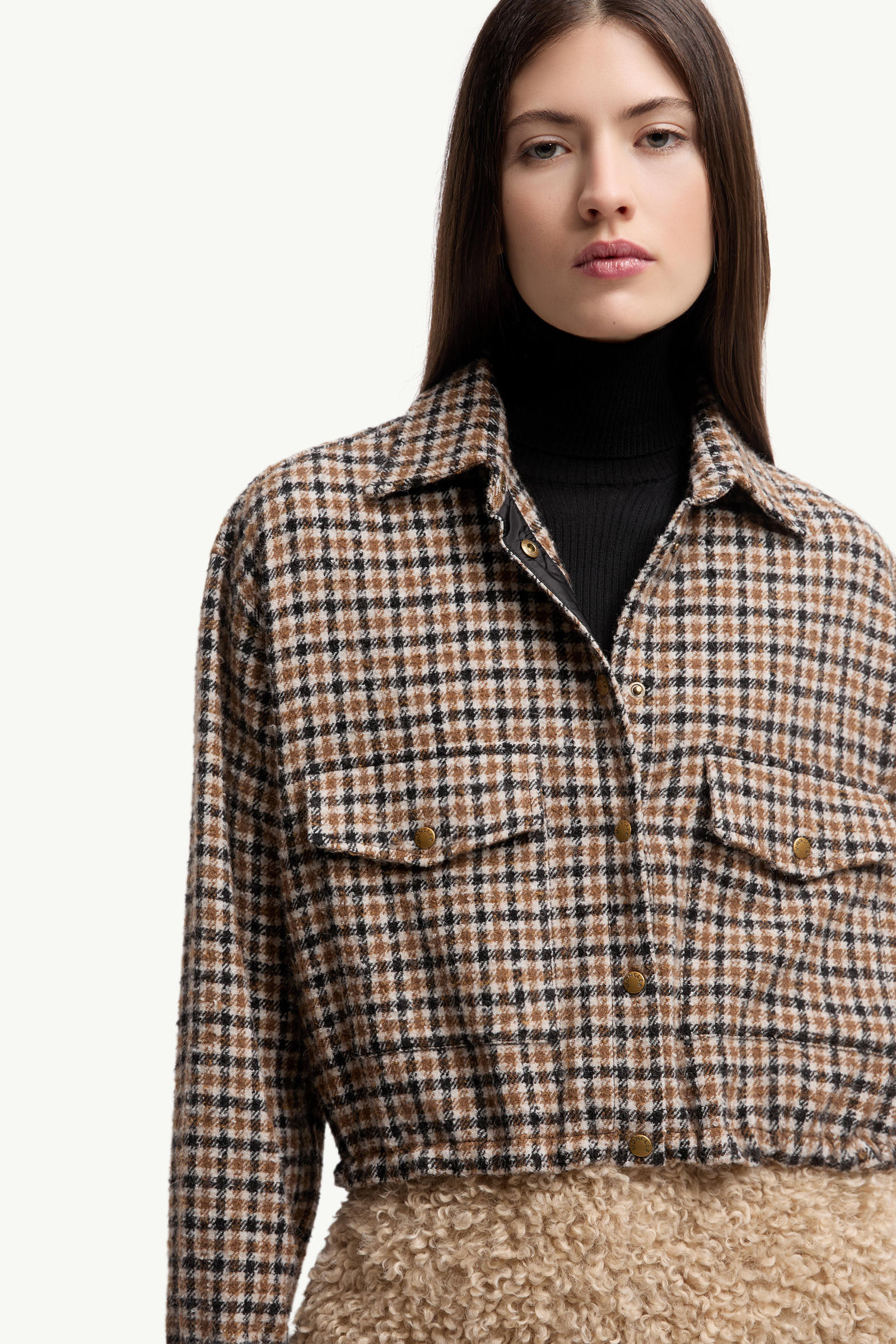 Check Wool Blend Long Sleeve Shirt Women Brown & Black Moncler 5