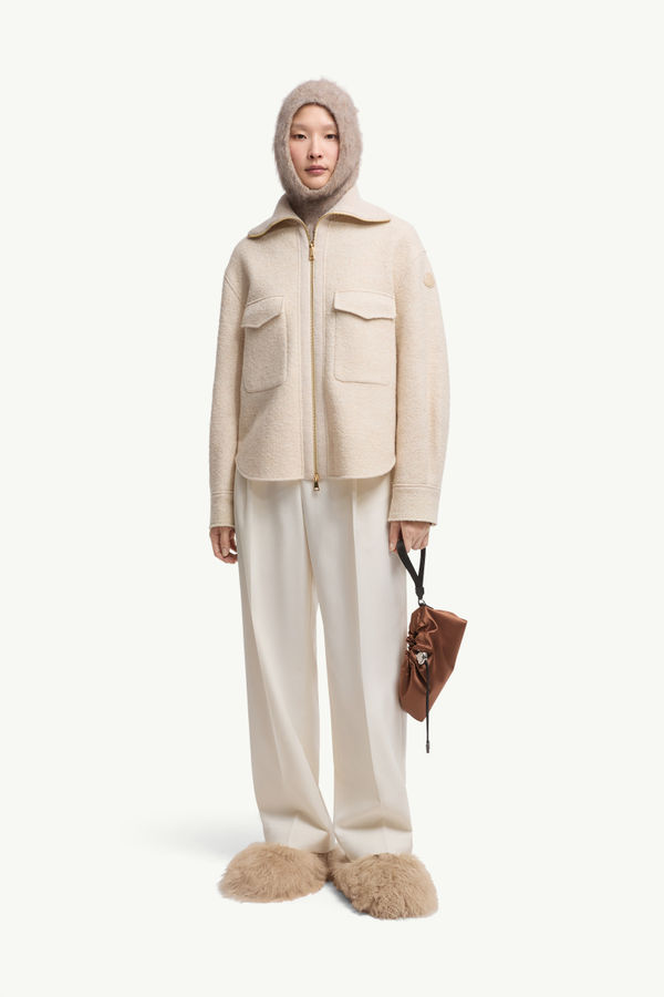 Bouclé Wool Blend Zip-Up Shirt Women Light Beige Moncler 0