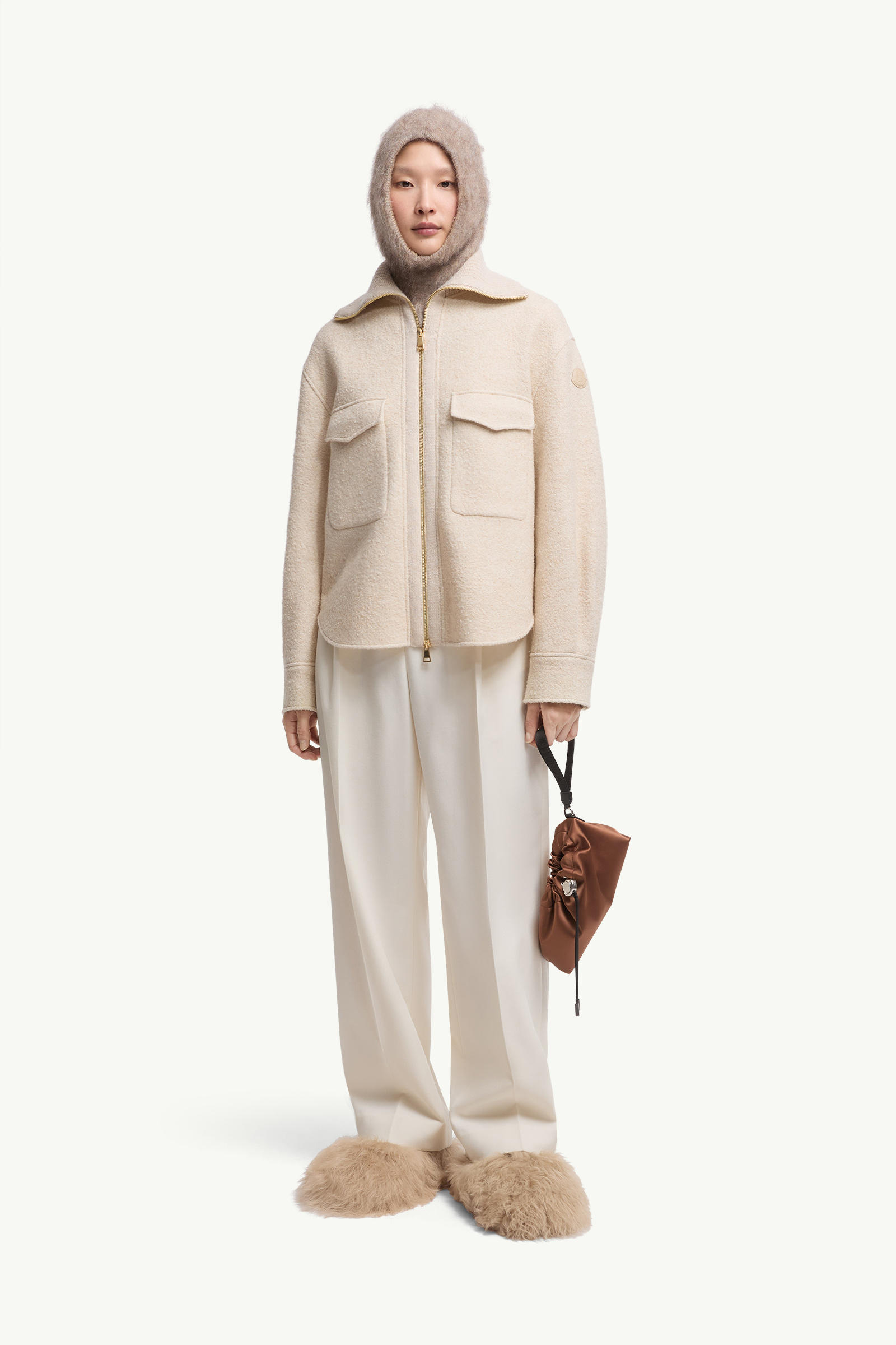 Bouclé Wool Blend Zip-Up Shirt Women Light Beige Moncler 0
