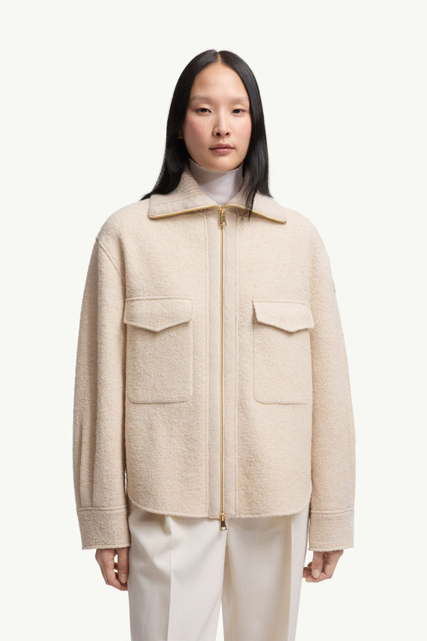 Bouclé Wool Blend Zip-Up Shirt Women Light Beige Moncler 3