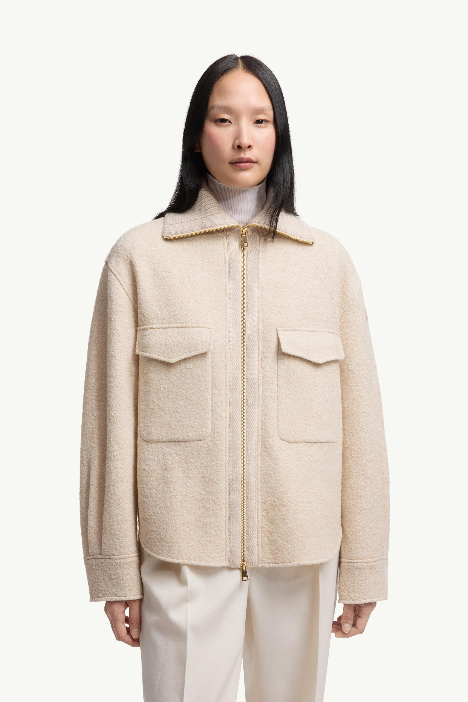 Bouclé Wool Blend Zip-Up Shirt Women Light Beige Moncler 3