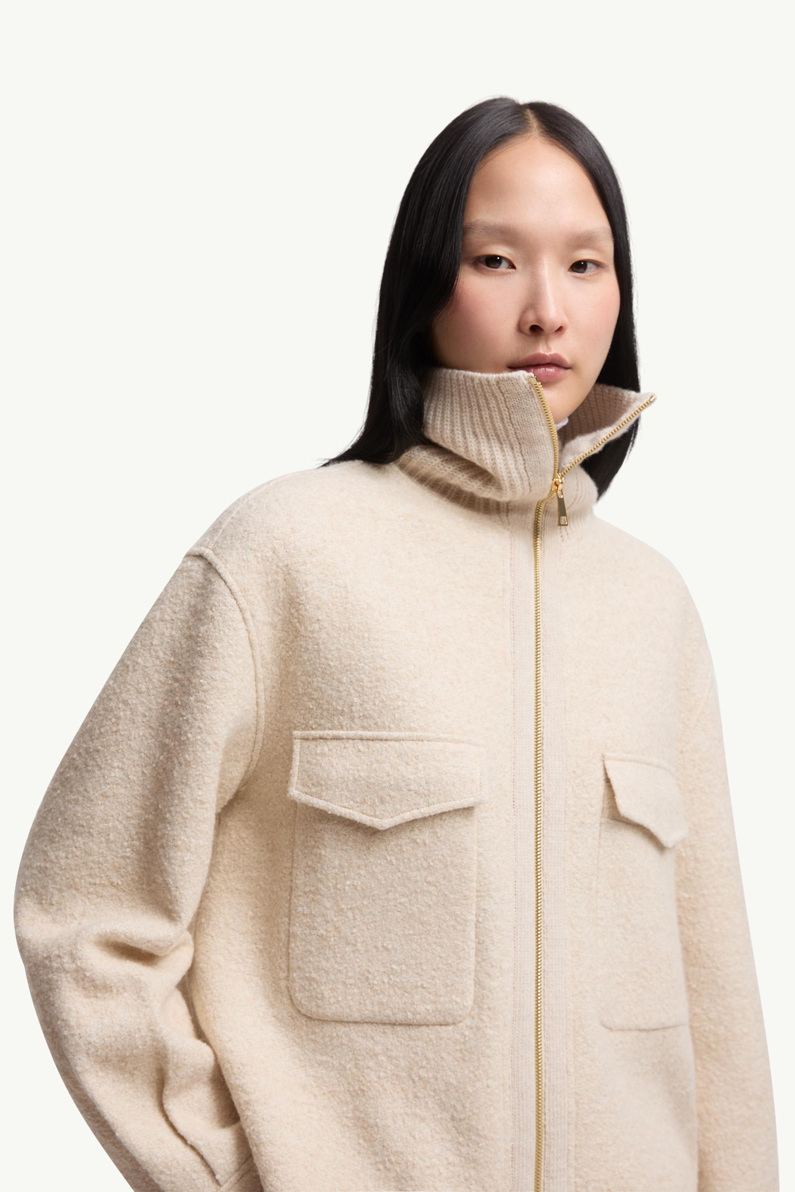 Light Beige Bouclé Wool Blend Zip-Up Shirt - Lightweight Down