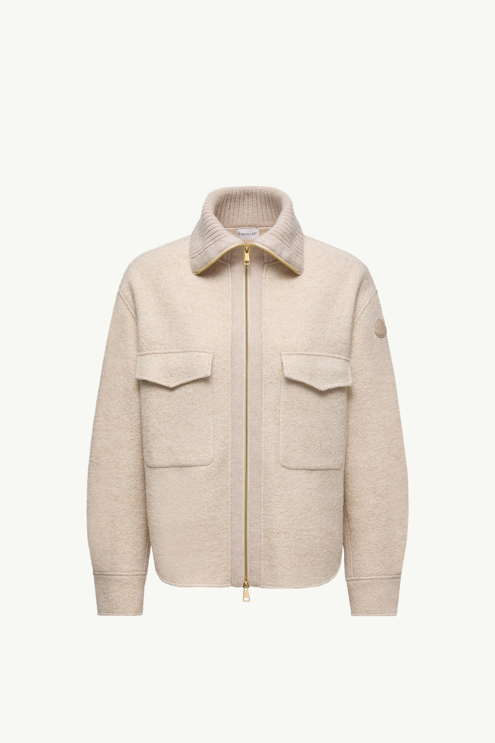 Light Beige Bouclé Wool Blend Zip-Up Shirt - Lightweight Down