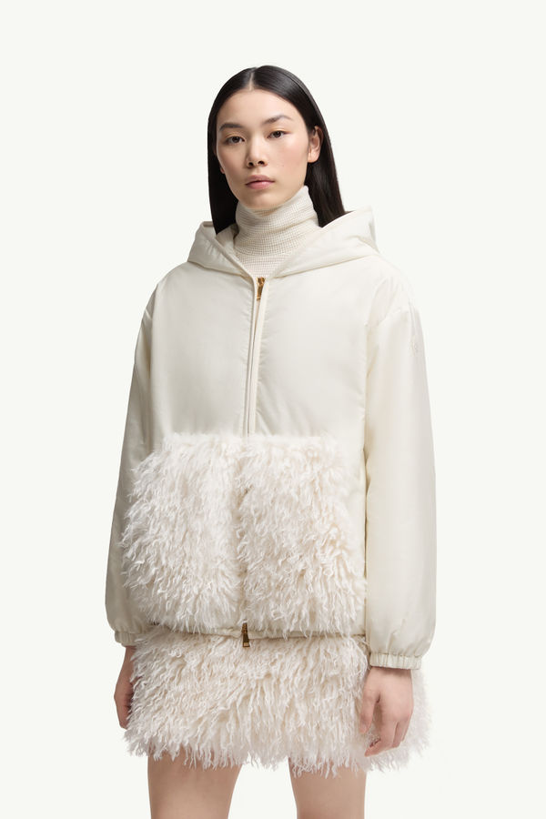 Teddy-Trimmed Padded Zip-Up Hoodie Women White Moncler 3