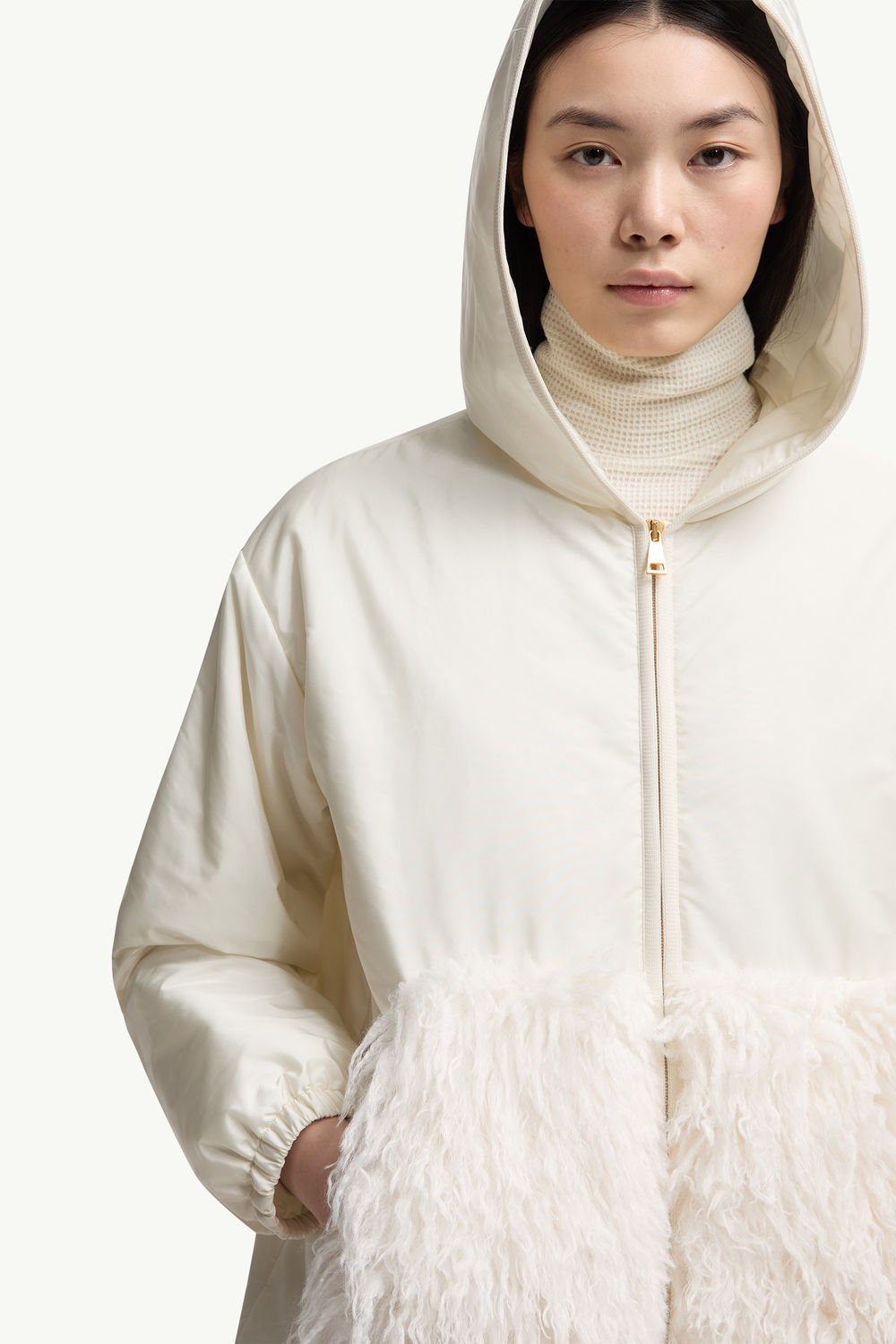Teddy-Trimmed Padded Zip-Up Hoodie Women White Moncler 5