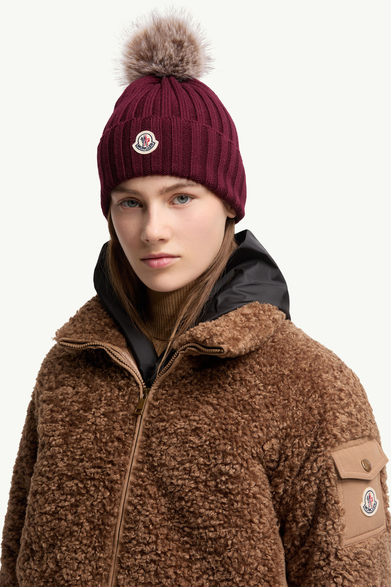 絨球羊毛冷帽 女士 酒紅色 Moncler 1