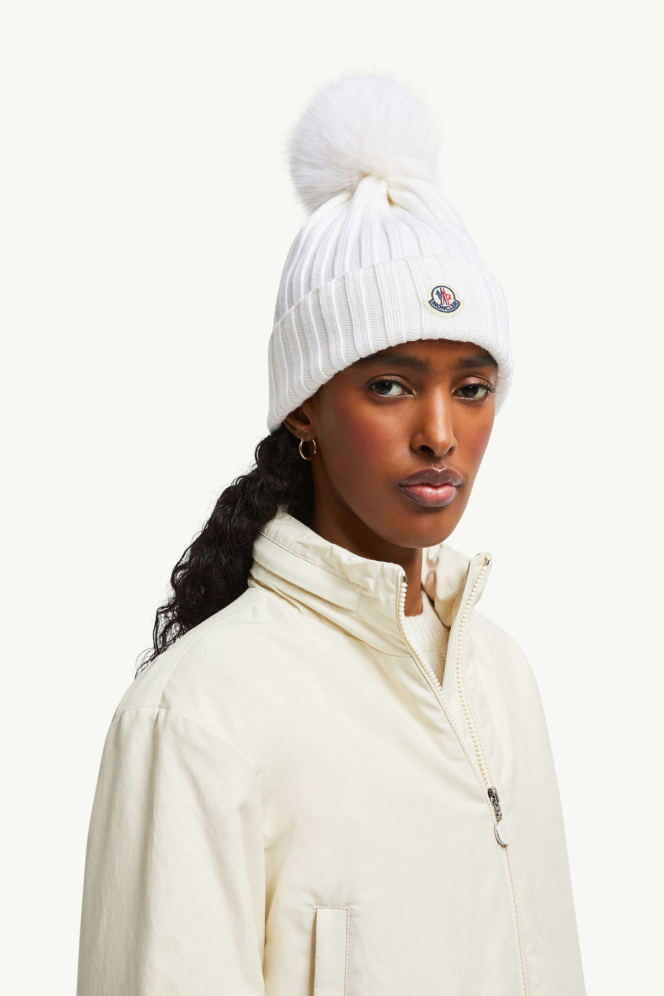 Wool Beanie with Faux Fur Pom Pom Women White Moncler 1