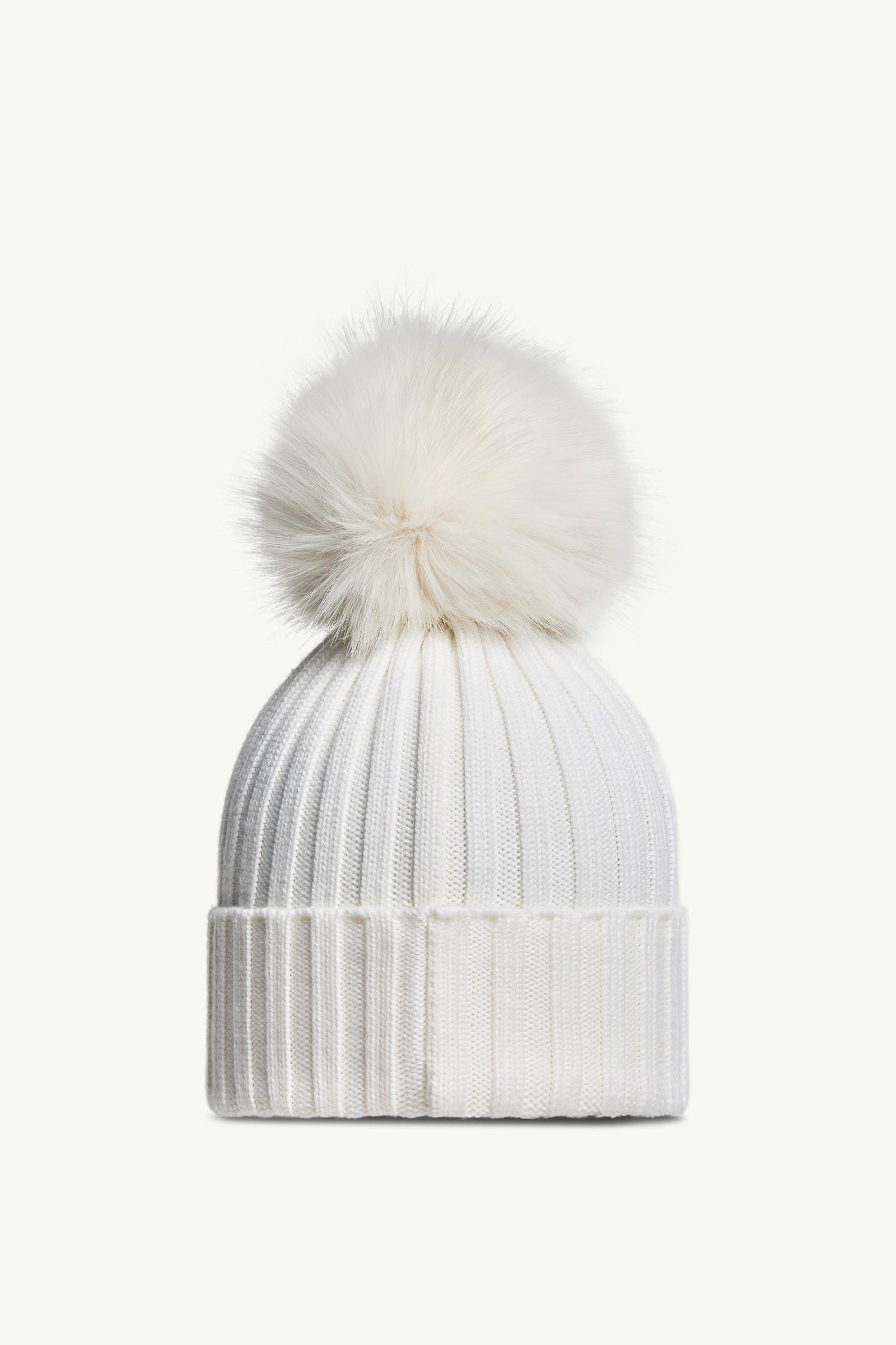 MONCLER ホワイト キッズ・レディースニット帽 ファー付き White Wool Beanie with Faux Fur Pom Pom - Hats & Beanies for Women