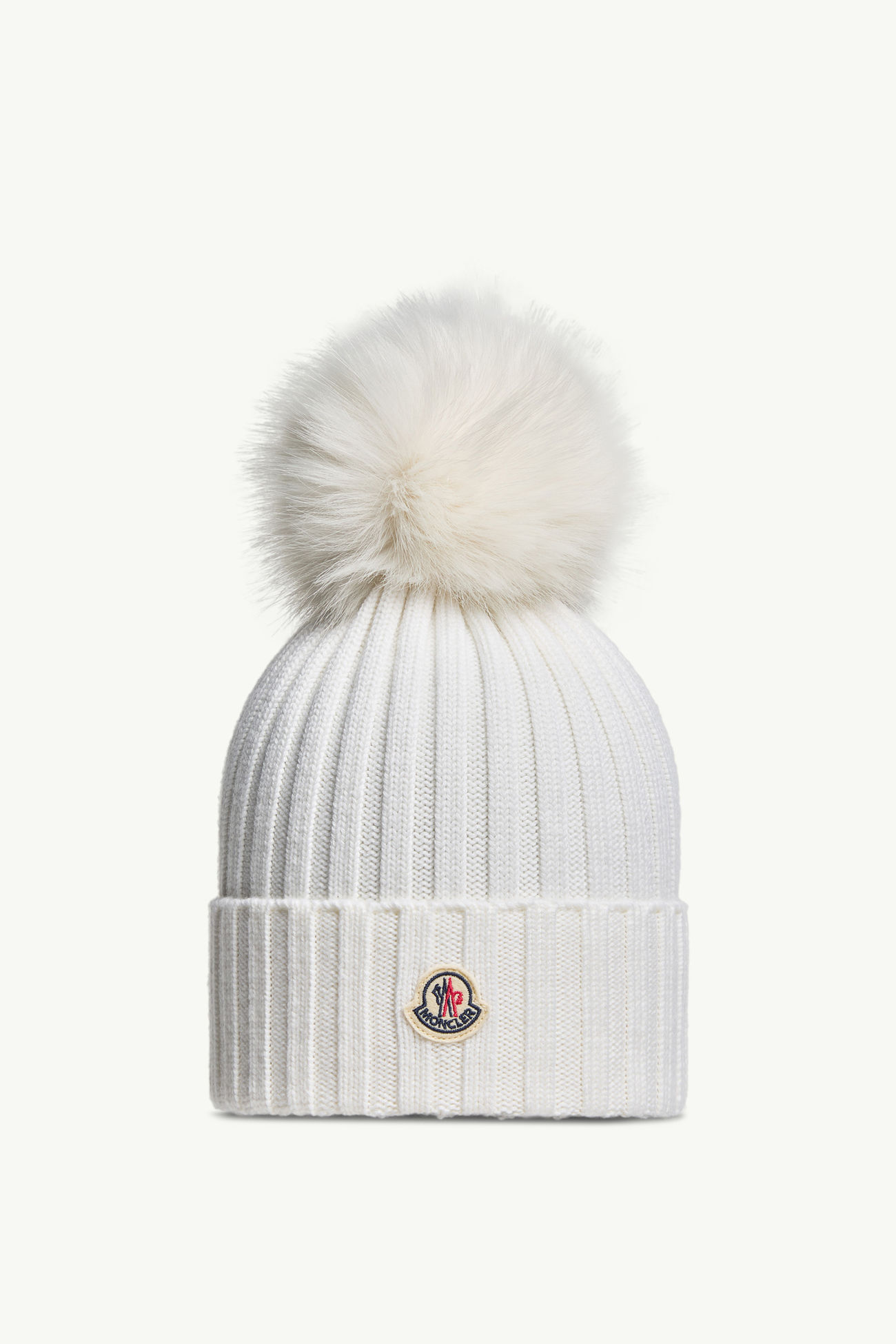 Wool Beanie with Faux Fur Pom Pom Women White Moncler 0