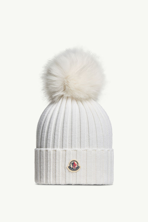 Wool Beanie with Pom Pom Women White Moncler 0