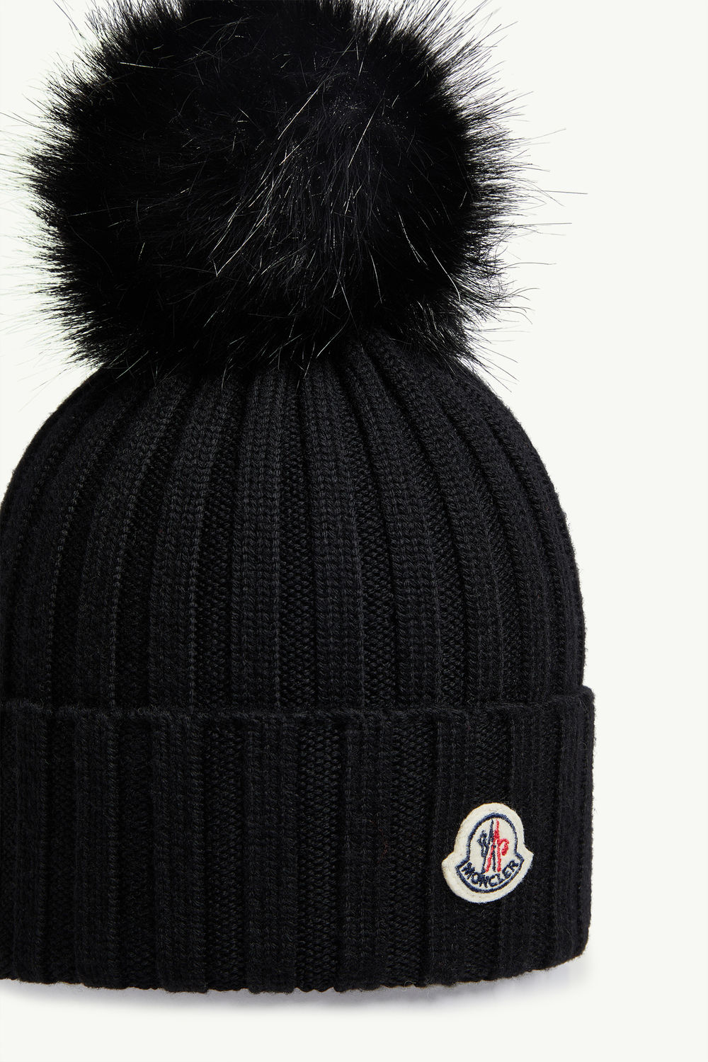 Wool Beanie with Faux Fur Pom Pom Gender Neutral Black Moncler 2