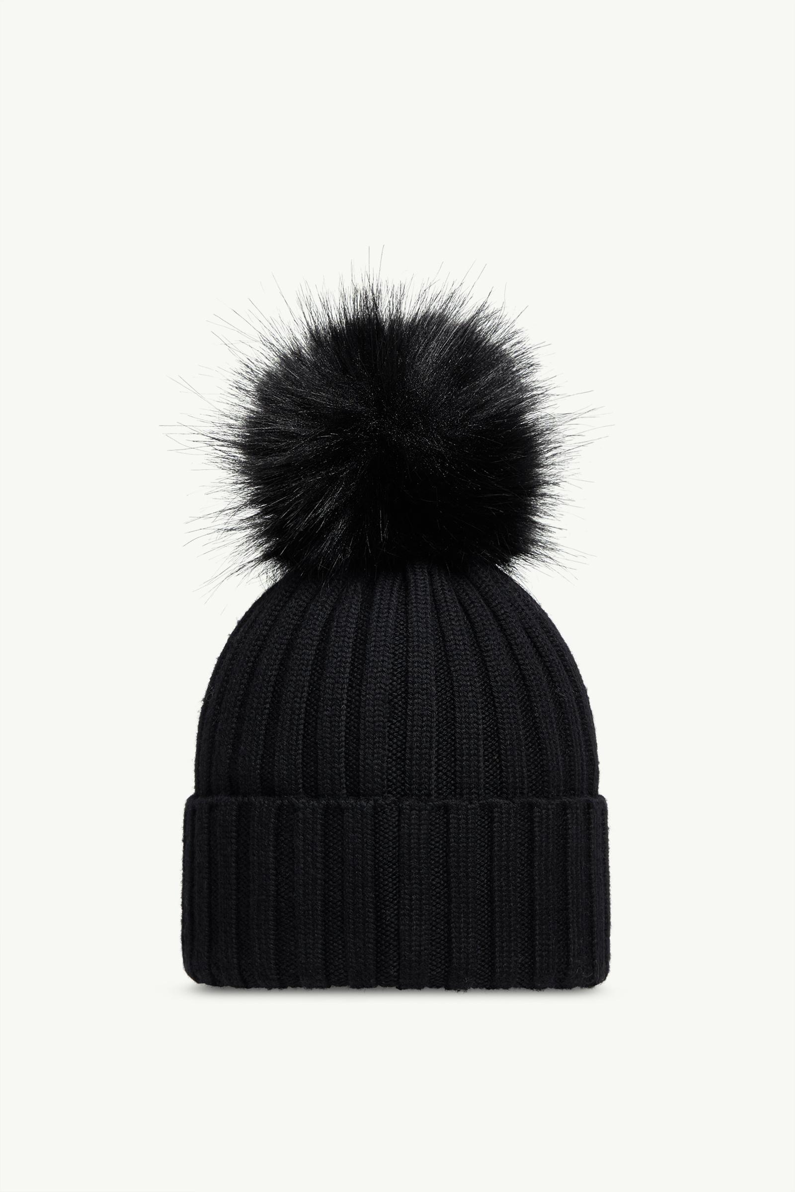 MONCLER ブラックニット帽 ファー付きポンポン(レディース) MONCLER モンクレール ウール＆カシミア ポンポン ビーニー (MONCLER