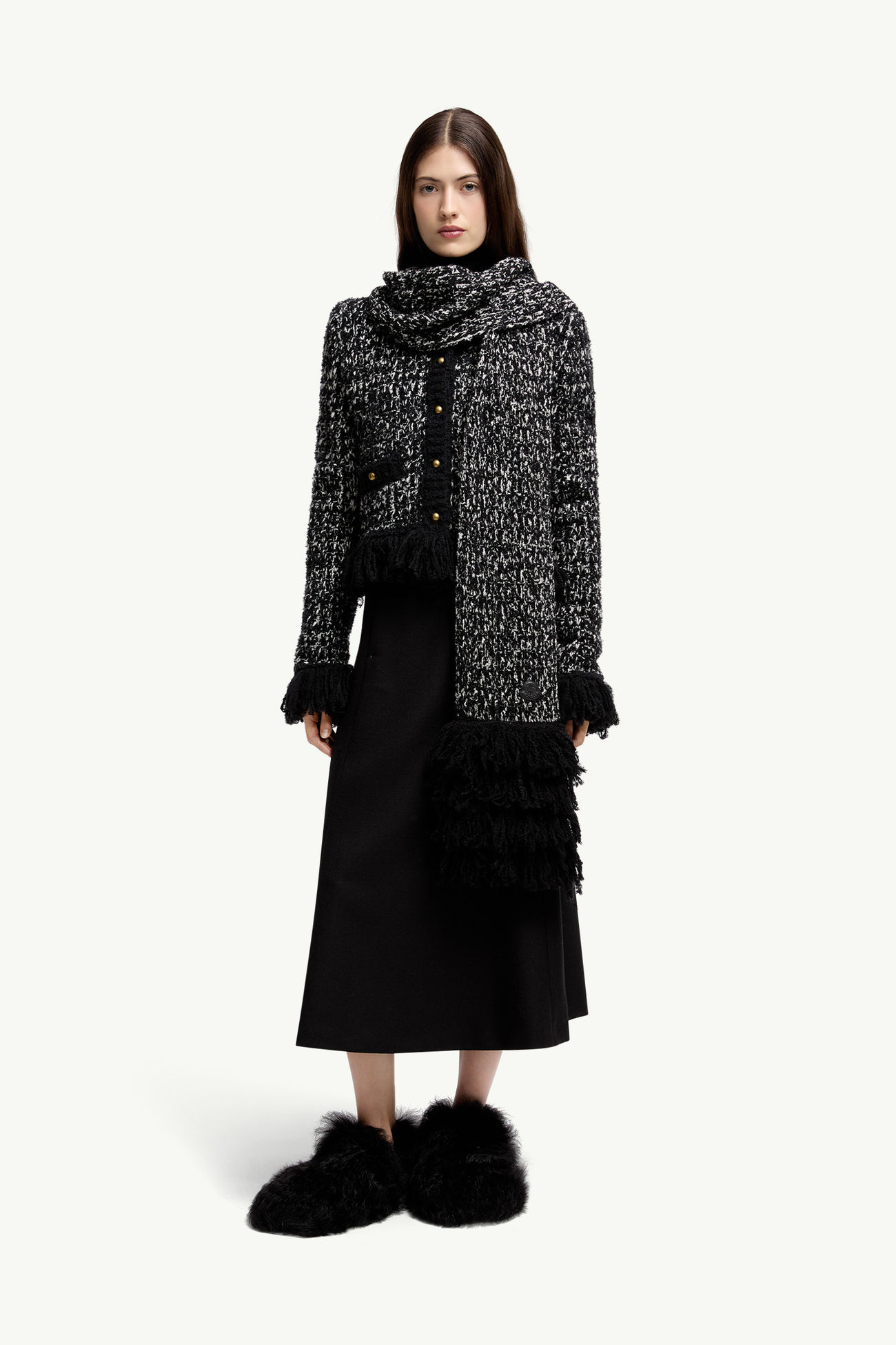 流蘇飾邊羊毛混紡圍巾 女士 黑色 Moncler 1