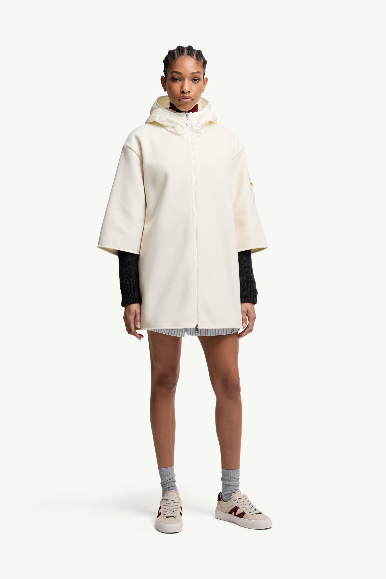 Wool Hooded Zip-Up Cape Women White Ivory Moncler 3