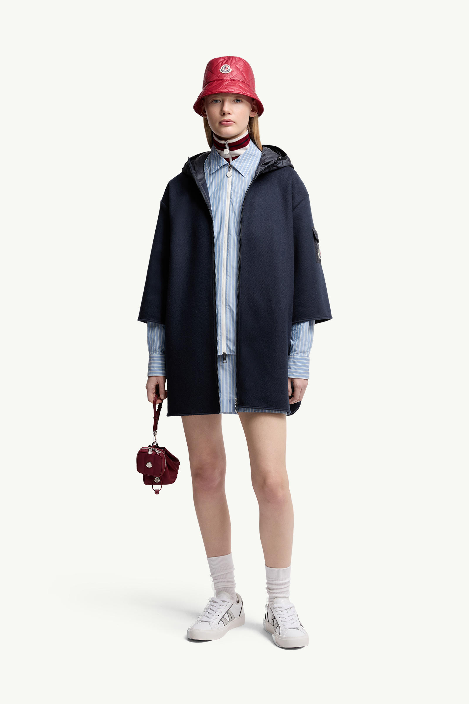 Wool Hooded Zip-Up Cape Women Dark Blue Moncler 0