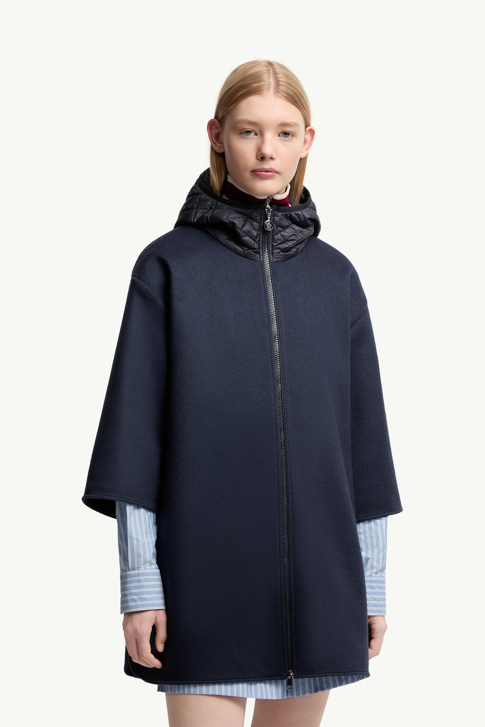 Wool Hooded Zip-Up Cape Women Dark Blue Moncler 3