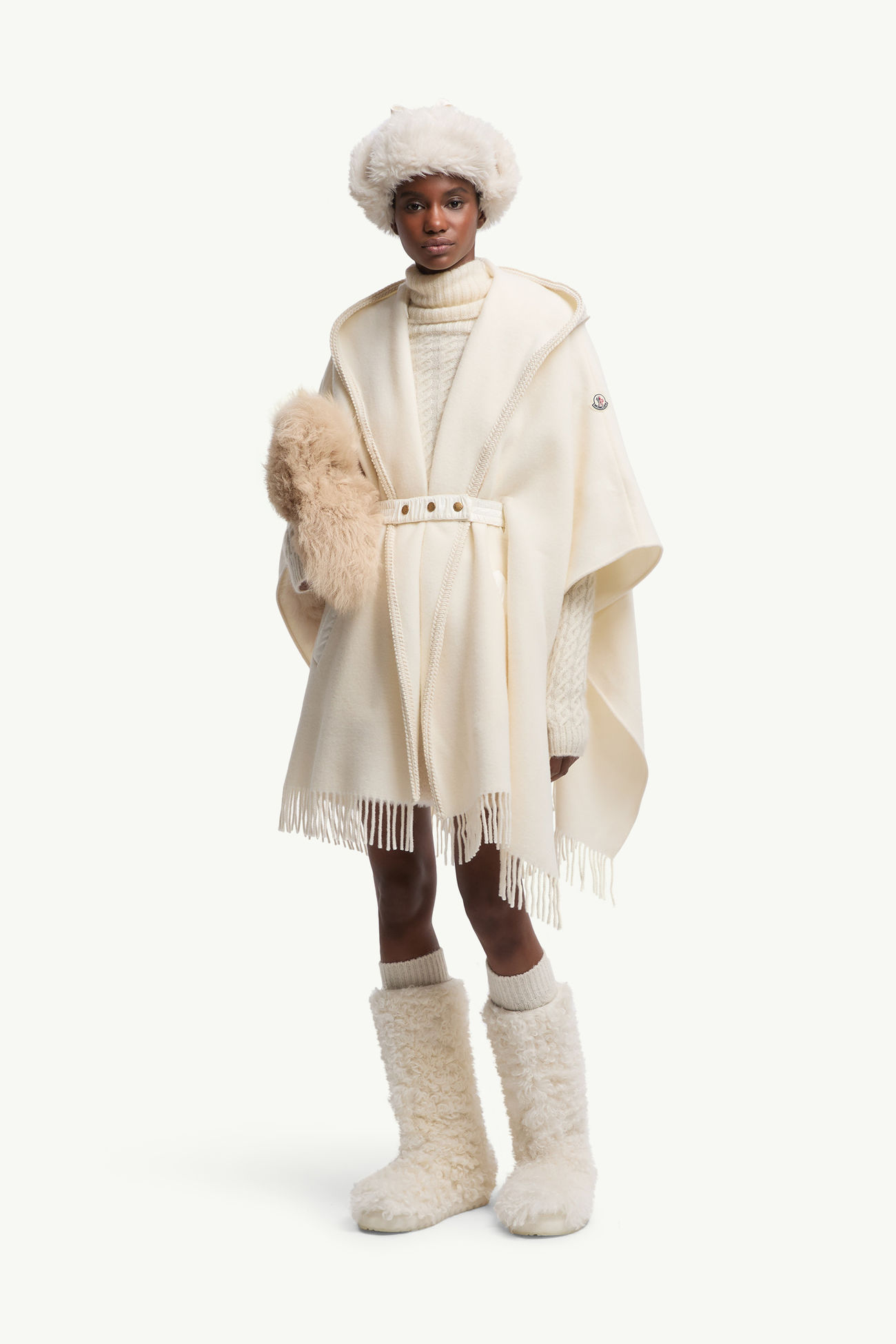 Cape aus Wolle mit Gürtel Damen Weiß-Elfenbein Moncler 0