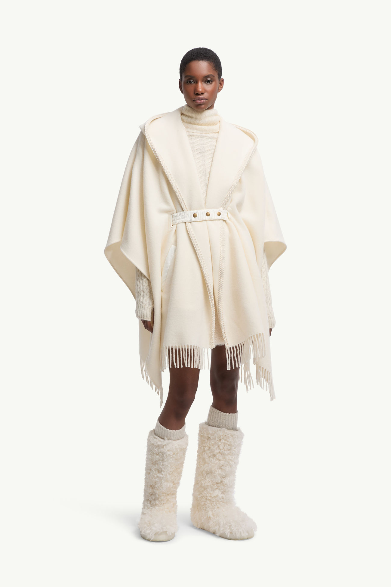 連腰帶羊毛斗篷 女士 象牙白色 Moncler 3