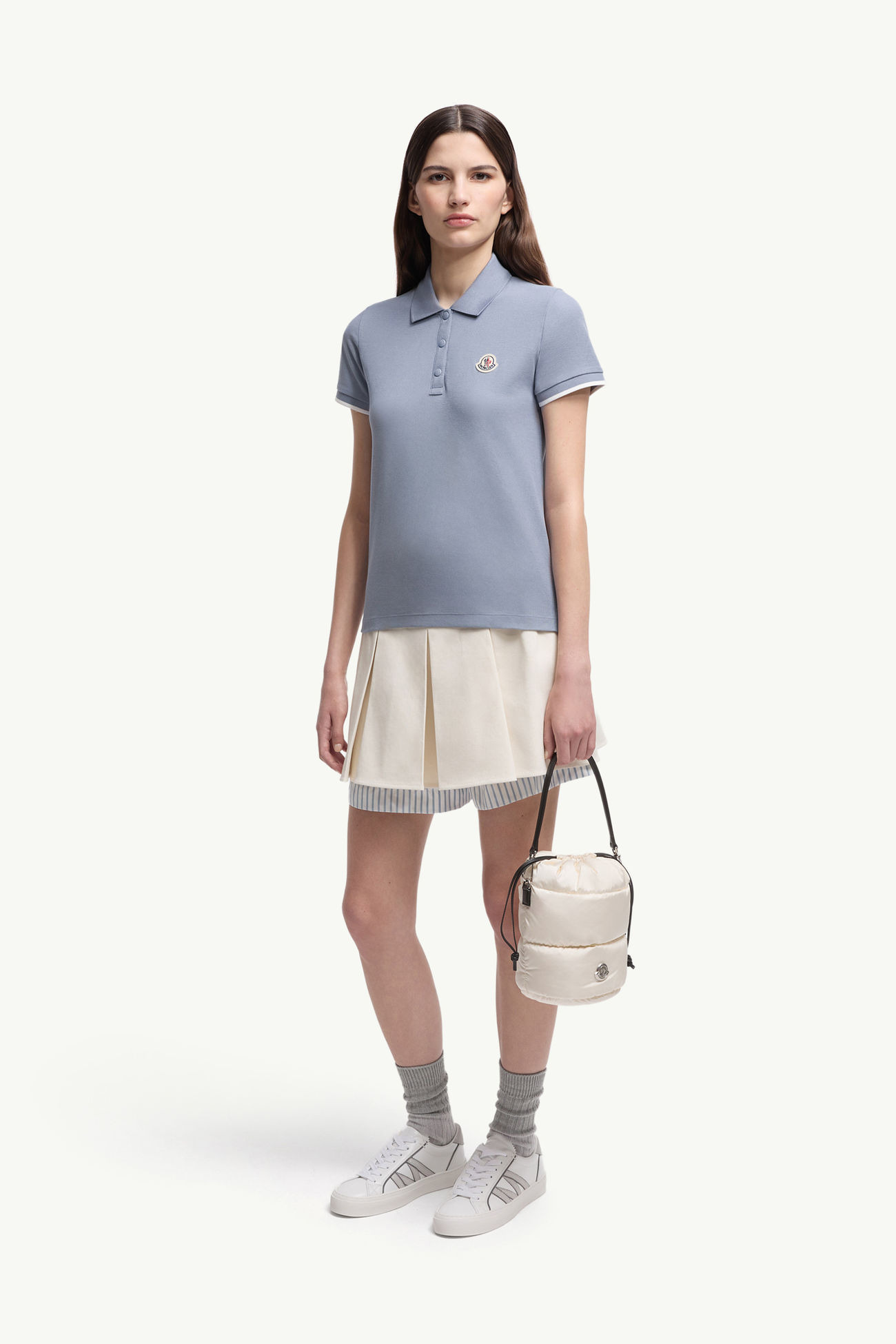 Poloshirt aus Baumwollpiqué mit Logoaufnäher Damen Hellblau Moncler 0