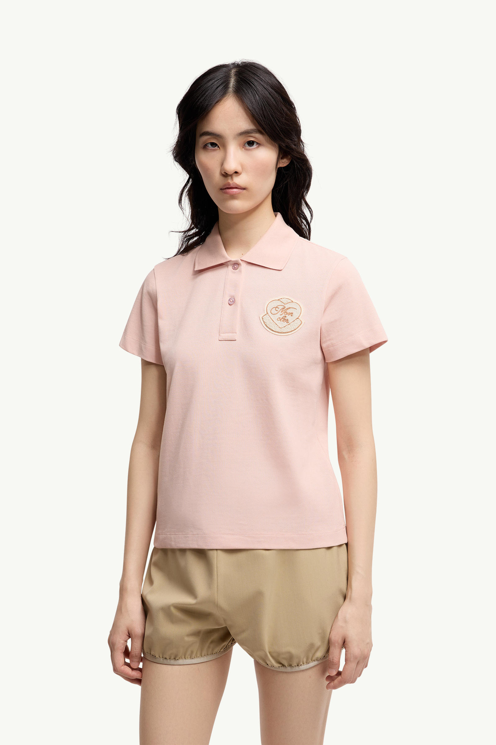 Heart Logo Patch Cotton Piquet Polo Shirt Women Light Pink Moncler 3