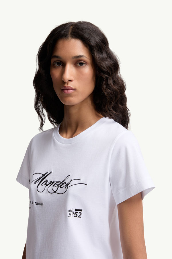 T-shirt in cotone con logo in corsivo ricamato Donna Bianco Moncler 1