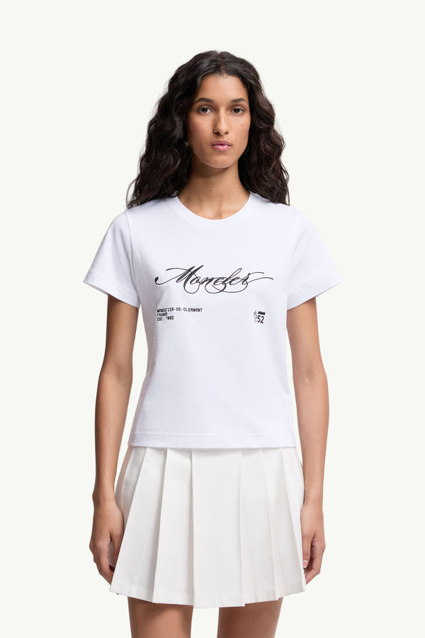 Besticktes T-Shirt aus Baumwolle mit kursivem Logo Damen Weiß Moncler 3