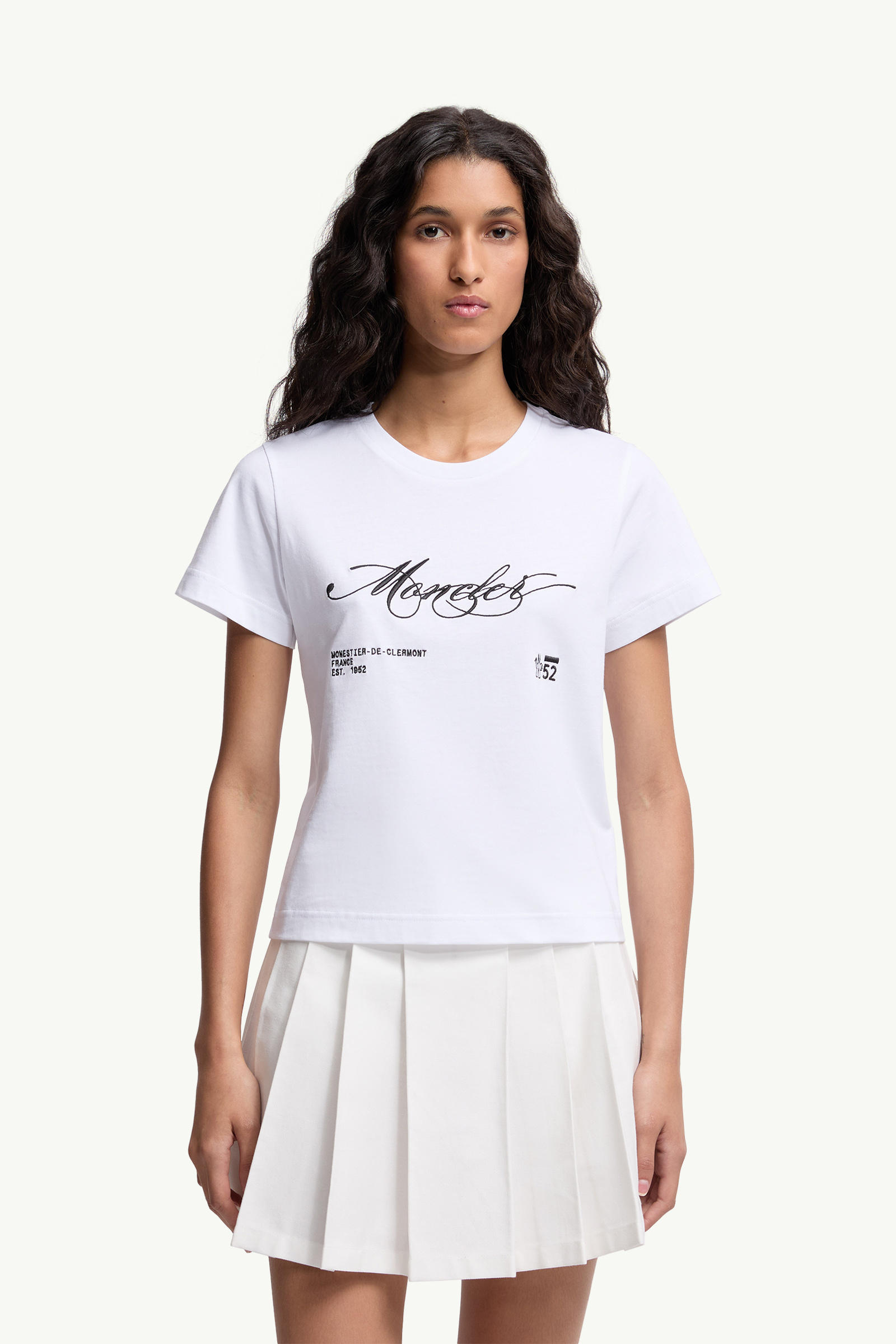 Besticktes T-Shirt aus Baumwolle mit kursivem Logo Damen Weiß Moncler 3