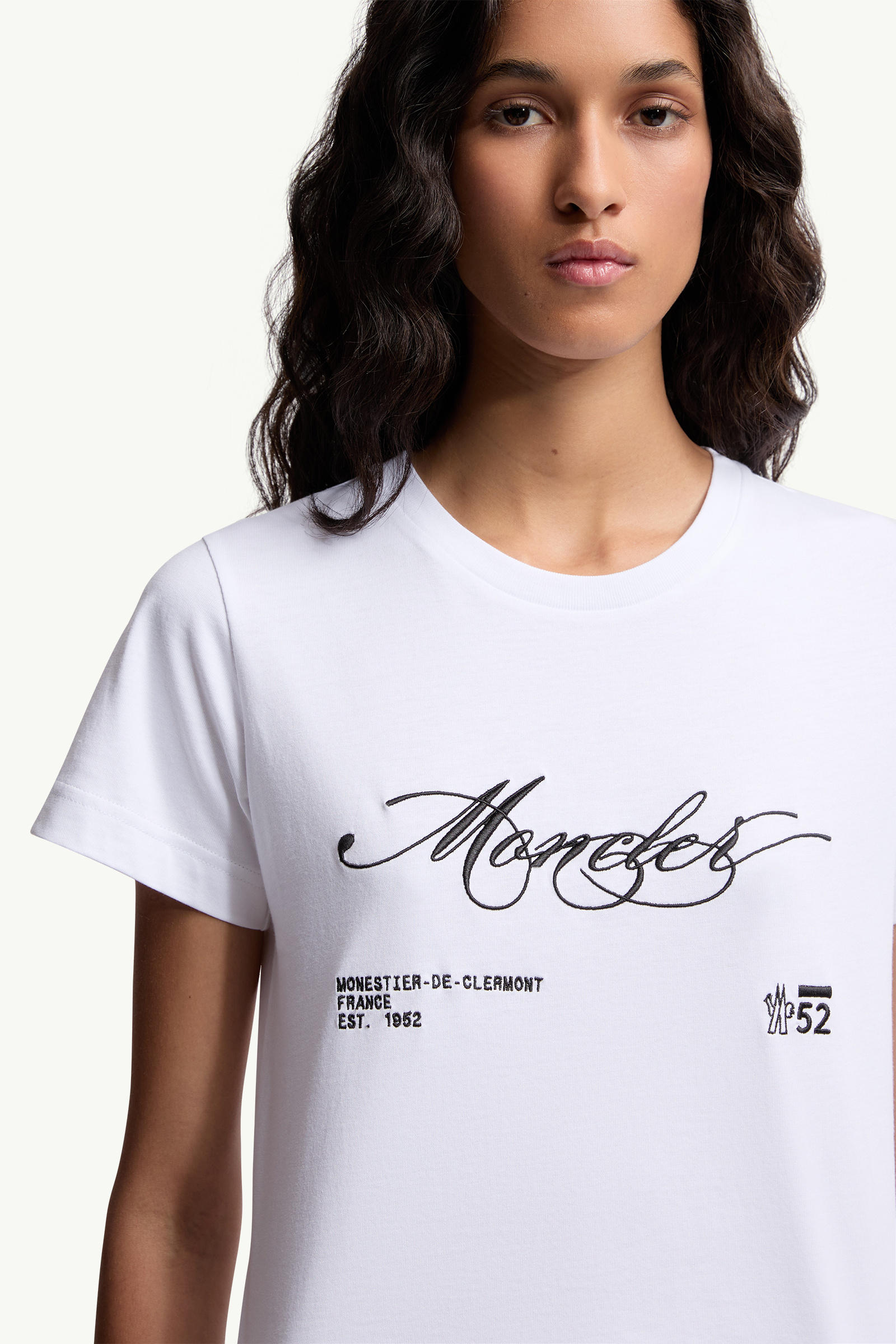 Besticktes T-Shirt aus Baumwolle mit kursivem Logo Damen Weiß Moncler 5