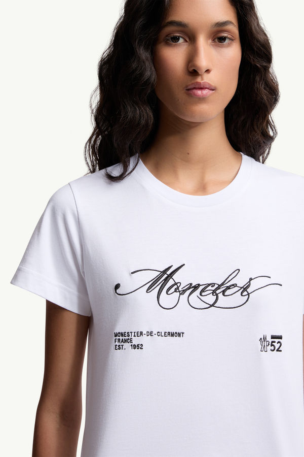 T-shirt in cotone con logo in corsivo ricamato Donna Bianco Moncler 5