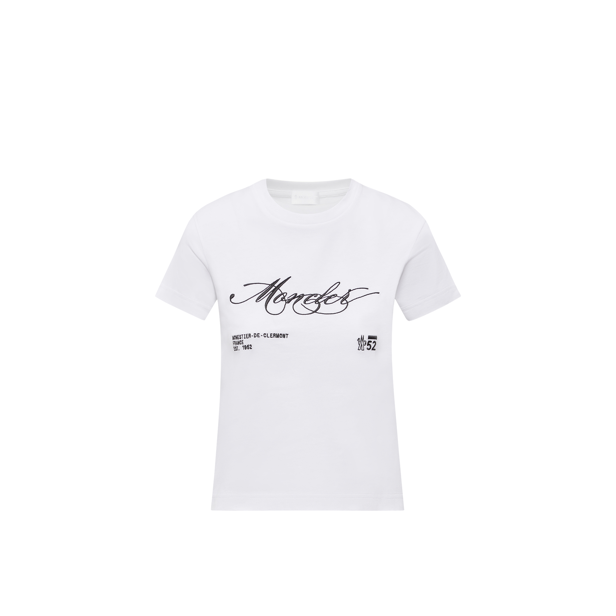 Moncler   Embroidered Cursive Logo Cotton T-Shirt for Women in White, Size: S