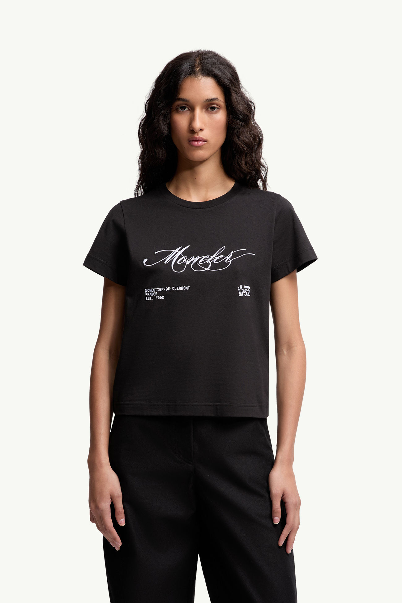 Camiseta de algodón con logotipo en cursiva bordado Mujer Negro Moncler 3